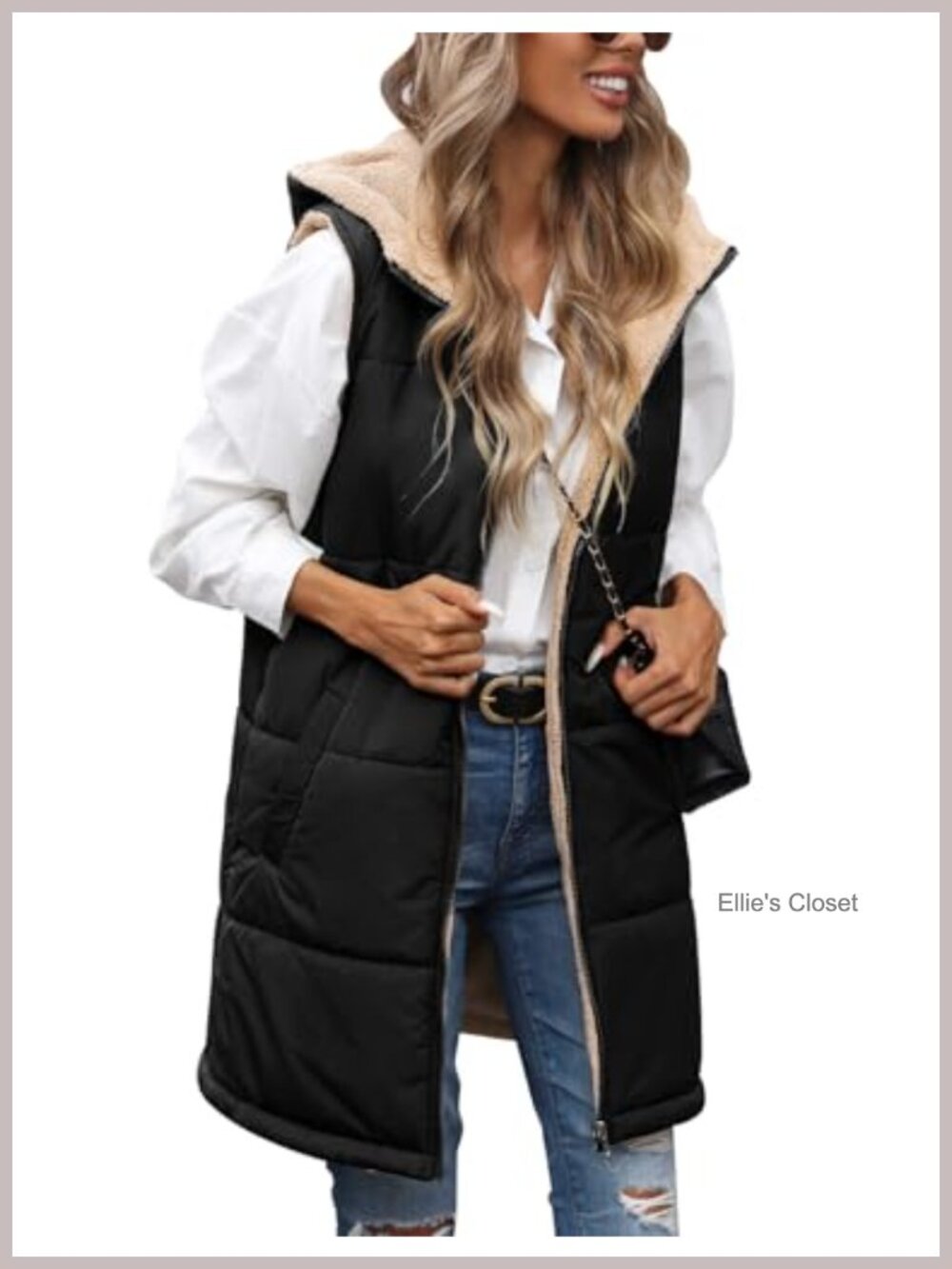 Long Reversible Puffer Fleece Vest Sleeveless Thick Winter Warm Zip Up